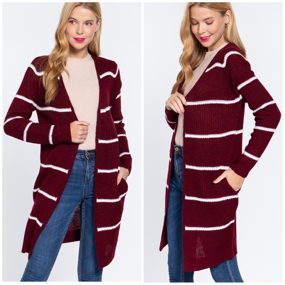 LAST ONE❗Cozy Chic Rich Burgundy Striped Longline Open… - Picture 4 of 7
